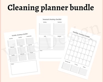 May include: Printable cleaning planner bundle with checklists for weekly, monthly, and seasonal cleaning tasks. The checklists include sections for spring, summer, fall, winter, Monday, Tuesday, Wednesday, Thursday, Friday, Saturday, Sunday, and a monthly calendar.