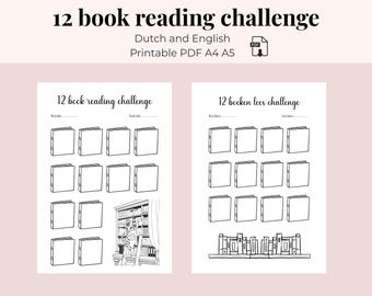 May include: A printable PDF with the text "12 book reading challenge" in English and Dutch. The design features two templates to track reading progress, with spaces for 12 books each. Includes a PDF icon and the phrase "Instant download - start today."
