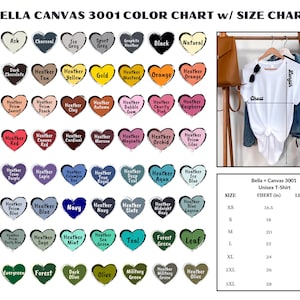 K&ouml;nnte beinhalten: Bella + Canvas 3001 Unisex-T-Shirt Farbkarte mit Gr&ouml;&szlig;entabelle. Die Karte zeigt 36 verschiedene Farben in Herzform. Die Gr&ouml;&szlig;entabelle zeigt die Brust- und L&auml;ngenma&szlig;e in Zoll f&uuml;r die Gr&ouml;&szlig;en XS bis 3XL.
