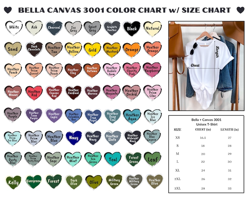 K&ouml;nnte beinhalten: Bella + Canvas 3001 Unisex-T-Shirt Farbkarte mit Gr&ouml;&szlig;entabelle. Die Karte zeigt 36 verschiedene Farben in Herzform. Die Gr&ouml;&szlig;entabelle zeigt die Brust- und L&auml;ngenma&szlig;e in Zoll f&uuml;r die Gr&ouml;&szlig;en XS bis 3XL.