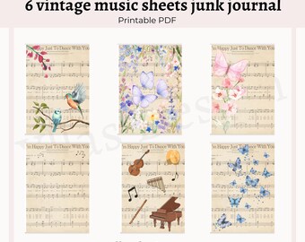 Digital Vintage Sheet Music Collection, Printable Junk Journal Papers, Butterfly & Flower Ephemera, Music Note Backgrounds PDF