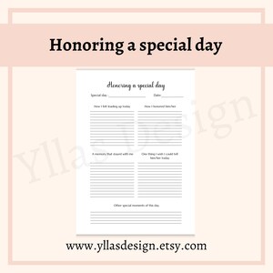 Diario de reflexión sobre hitos de duelo (PDF), planificador de duelo para un día especial, imprimible, página de reflexión conmemorativa (tamaño A4, descarga digital)