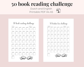 May include: A printable PDF with the text "50 book reading challenge" in English and Dutch. The design includes two charts with boxes for tracking books read, and illustrations of books. The text "Instant download - start today" is also included.