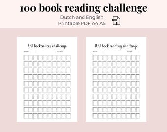 May include: Two printable PDF documents for a 100 book reading challenge. The documents are in Dutch and English, with the title "100 book reading challenge" at the top. Each document has 100 boxes to track reading progress. The text "Instant download - start today" is at the bottom.