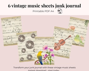 Vintage Music Note Scrapbook Paper, Junk Journal Backgrounds Printable, Butterfly & Floral Ephemera Sheets, Digital Download PDF