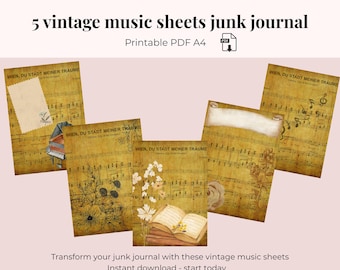 Vintage Music Paper Pack, Printable Ephemera Sheets, Junk Journal Music Notes, Floral Scrapbook Collage, Digital Download