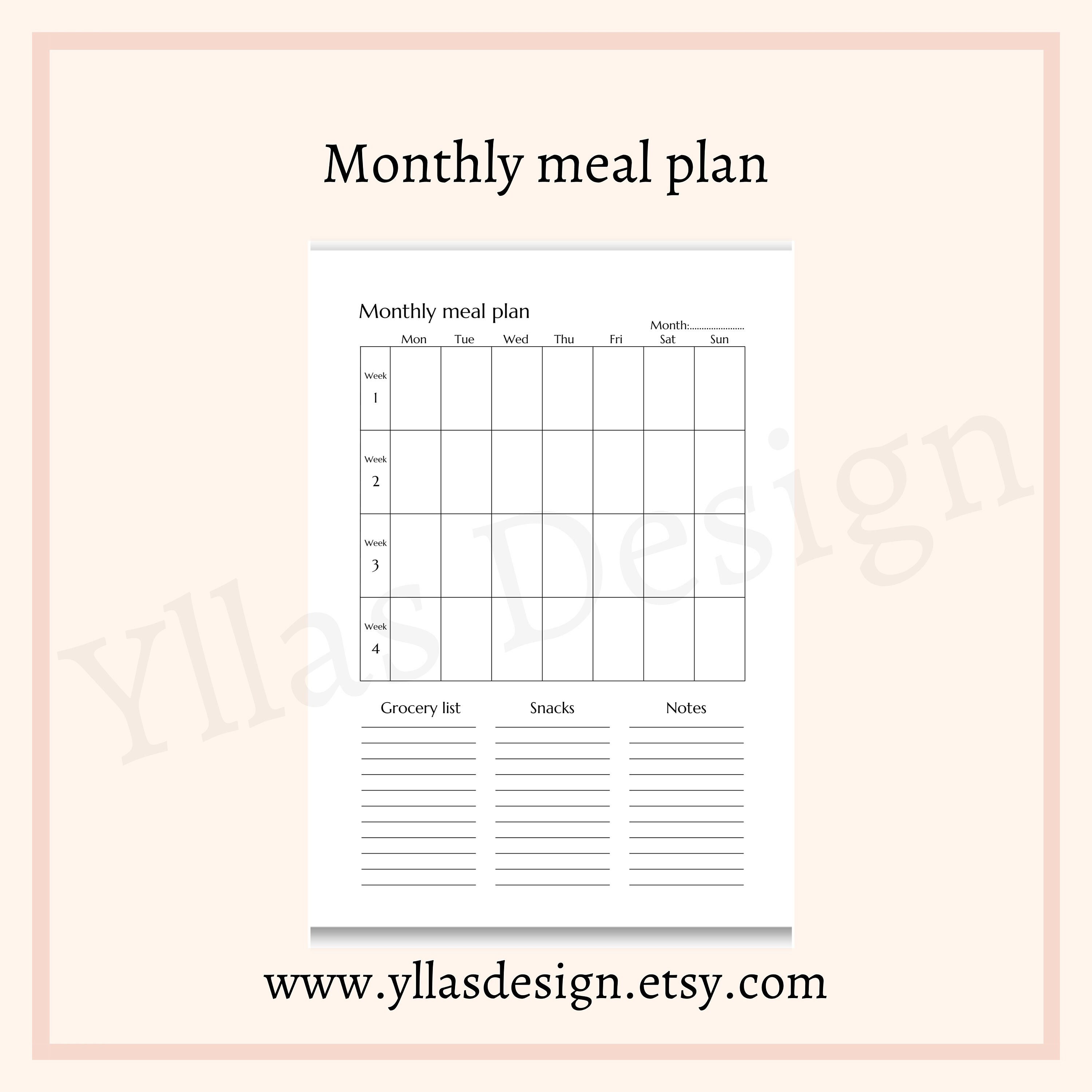 Monthly Meal Planner Printable Pdf 4 Week Family Food Planning Grocery ...
