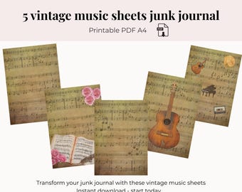 Vintage Music Junk Journal Printables, Sheet Music Collage Pages, Ephemera Paper Pack, Floral & Butterfly Digital Scrapbook Papers
