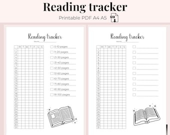 Pode incluir: Duas folhas de rastreamento de leitura imprimíveis com o texto "Reading tracker" no topo. As folhas têm um layout de calendário com espaços para rastrear as páginas lidas. O texto "Printable PDF A4 A5" também é visível.
