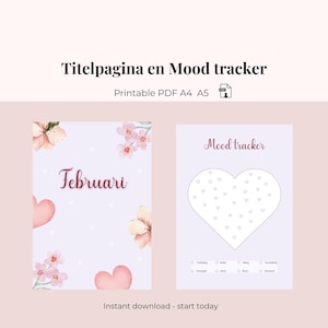 Puede incluir: Seguimiento del estado de ánimo en PDF imprimible con un diseño floral. La página izquierda dice "Februari" con corazones y flores rosas. La página derecha tiene un seguimiento del estado de ánimo en forma de corazón con casillas de verificación.