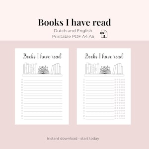 Può includere: Due pagine PDF stampabili con il testo "Books I have read". Ogni pagina presenta uno scaffale con illustrazioni di libri e uno spazio per le note. Una pagina ha un elenco di cerchi, l'altra ha stelle.