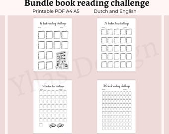 May include: A bundle of printable book reading challenge sheets in black and white. The sheets include challenges for 12, 25, 50, and 100 books. The text on the image reads "Bundle book reading challenge" and "www.yllasdesign.etsy.com".