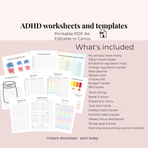ADHD planner toolkit bundle, executive function worksheet, habit tracker and routine planner, mood journal, canva template digital download