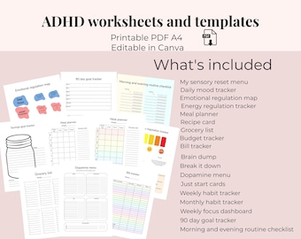Pacchetto di strumenti per la pianificazione dell'ADHD, foglio di lavoro sulle funzioni esecutive, monitoraggio delle abitudini e pianificatore di routine, diario dell'umore, download digitale del modello Canva
