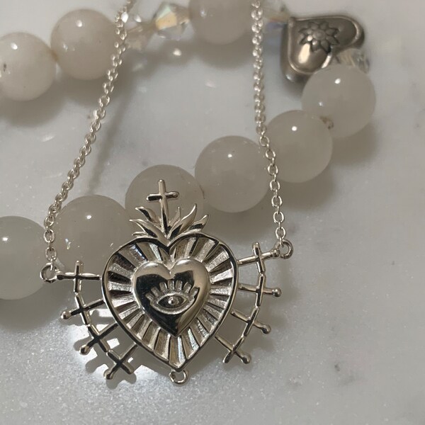 Silver Milagros Charm Necklace, Sacred Heart Pendant