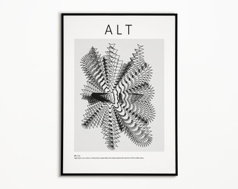 May include: Black and white abstract geometric art print with the word "ALT" in black text at the top. The definition of the word "alt" is included at the bottom of the print.