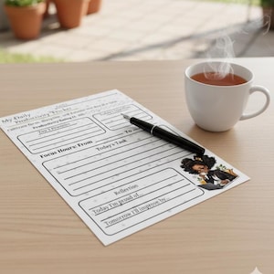 May include: A white daily productivity planner with the text "My Daily Productivity Tracker" and sections for tasks, focus hours, and reflection. A black pen rests on the planner next to a white mug of tea.