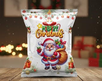 編集可能なクリスマスチップバッグテンプレート｜ホリデーパーティーの記念品（デジタルダウンロード）