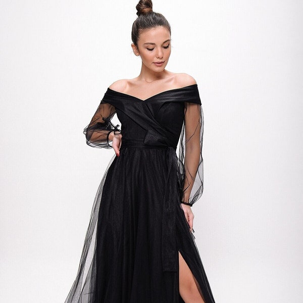 Long Tulle Dress with Convertible Back Design Black