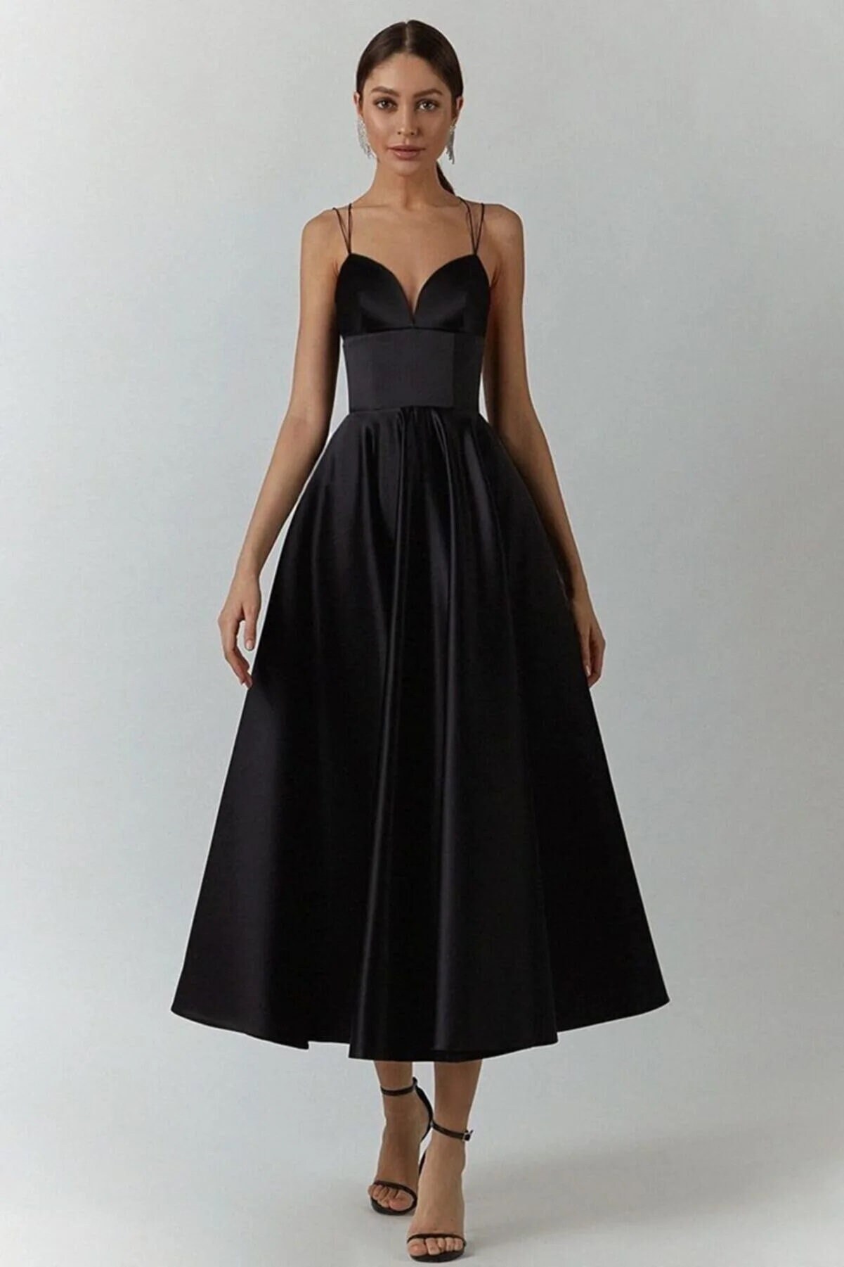 Strap Black Midi Dress Satin A Line Wedding Guest Floor - Etsy