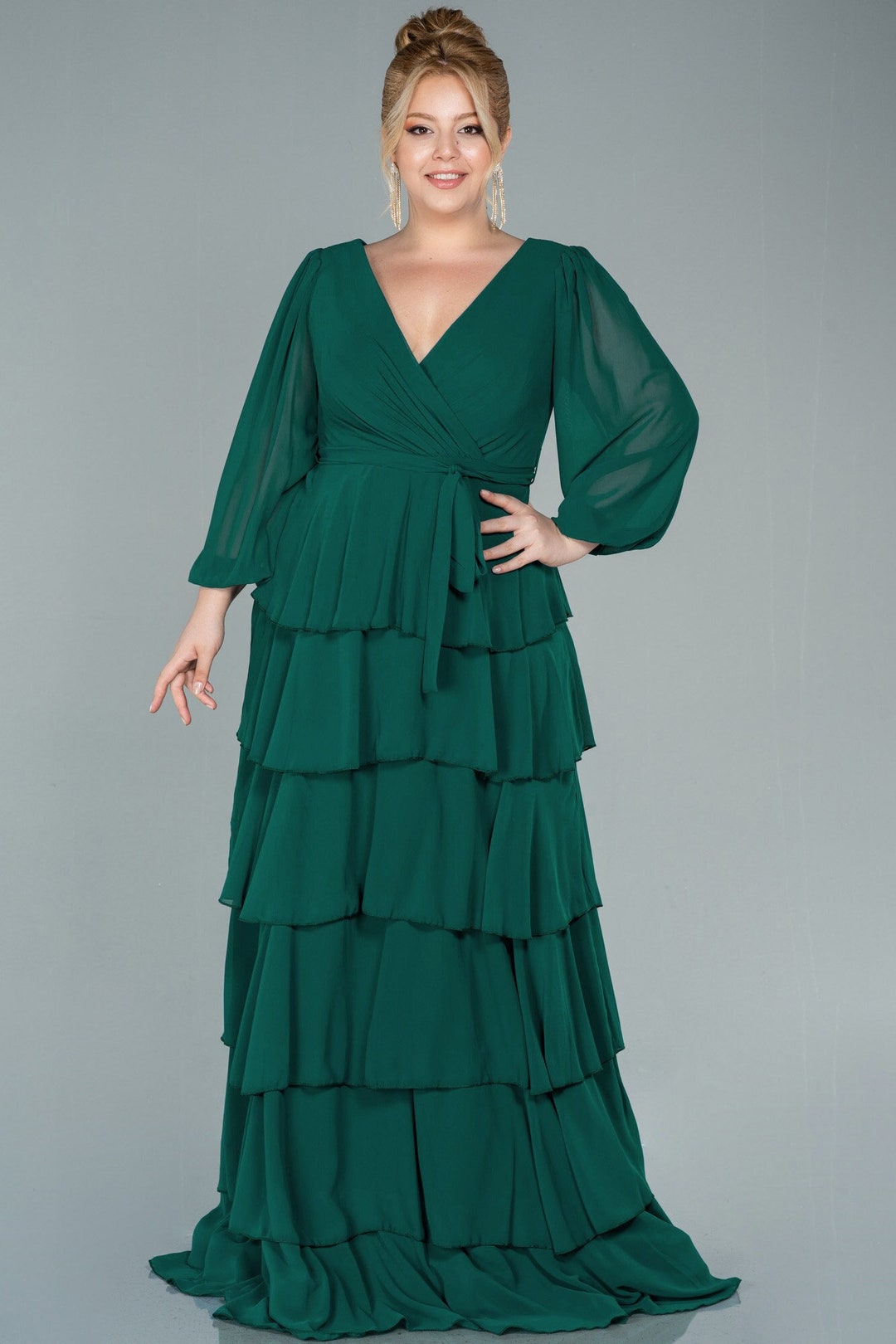 Emerald Green Plus Size V Neck Evening Dressgreen Dresslong - Etsy