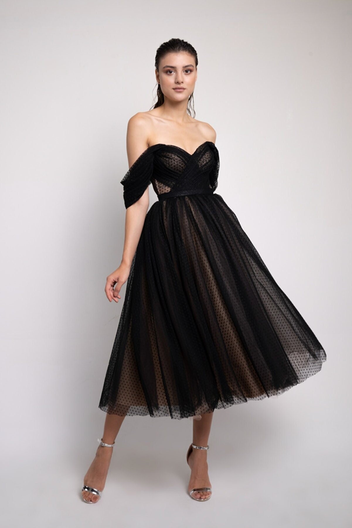 Black Corset Tulle Dress Midi Length Evening Dressblack - Etsy