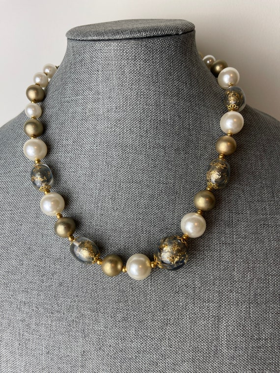 Gold Foil Faux Pearl Vintage Venetian Necklace - image 3