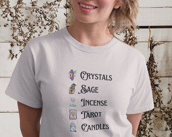 Witchy List Unisex T-Shirt | Crystals Sage Incense Tarot Candles Tshirt | Mystical Tee | Mystic Gift | Crystal Lover Shirt | Smudging Top