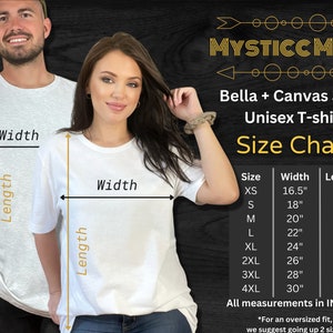 May include: Size chart for a Bella + Canvas 3001 unisex t-shirt. The chart shows the width and length measurements in inches for sizes XS to 4XL.
