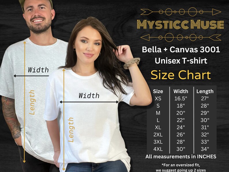 May include: Size chart for a Bella + Canvas 3001 unisex t-shirt. The chart shows the width and length measurements in inches for sizes XS to 4XL.