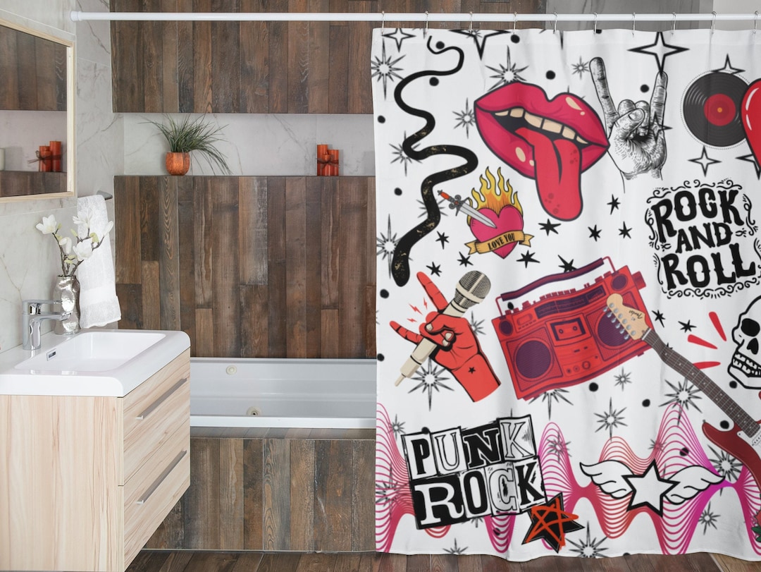 Retro Shower Curtain Rock and Roll Shower Curtain Tattoo Shower Curtain