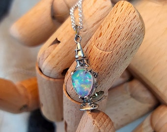 Good Omen Opal Pendant, Sterling silver apothecary cabinet constellation necklace. Protection witchy amulet potion bottles.
