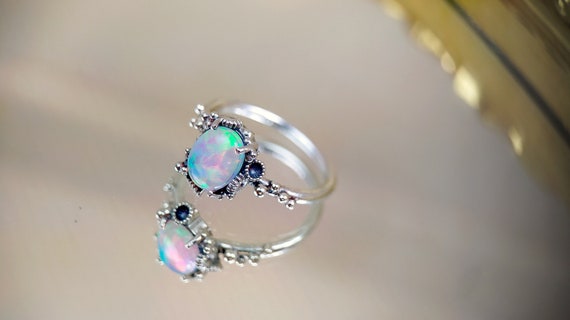 Opal Sterling Silver Ring. Mermaid and Coral inspired Handmade