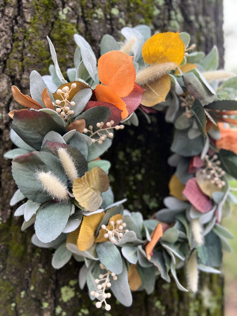 Fall Lambs Ear Wreath With Cream Berries Fall Aspen Leaf and Etsy