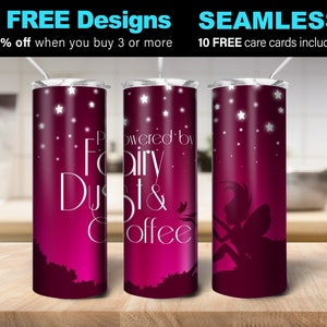 Red Fairy Seamless 20oz Skinny Tumbler, Powered by Fairy dust & Coffee, Star Sublimation design, PNG, Instant Digital DOWNLOAD ONLY (109)