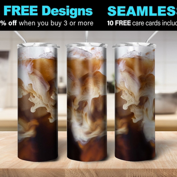 Iced Coffee Seamless 20oz Skinny Tumbler, Sublimation design, PNG, Instant Digital DOWNLOAD ONLY (115)