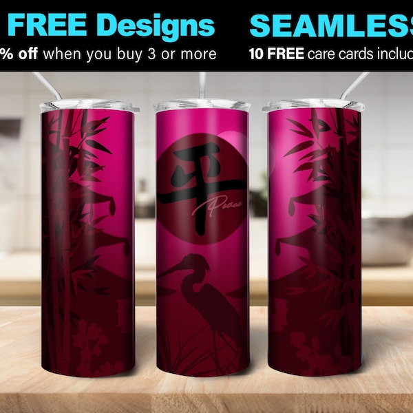 Asian Crane Seamless 20oz Skinny Tumbler, Peace, Oriental sublimation design, PNG, Instant Digital DOWNLOAD ONLY (08)
