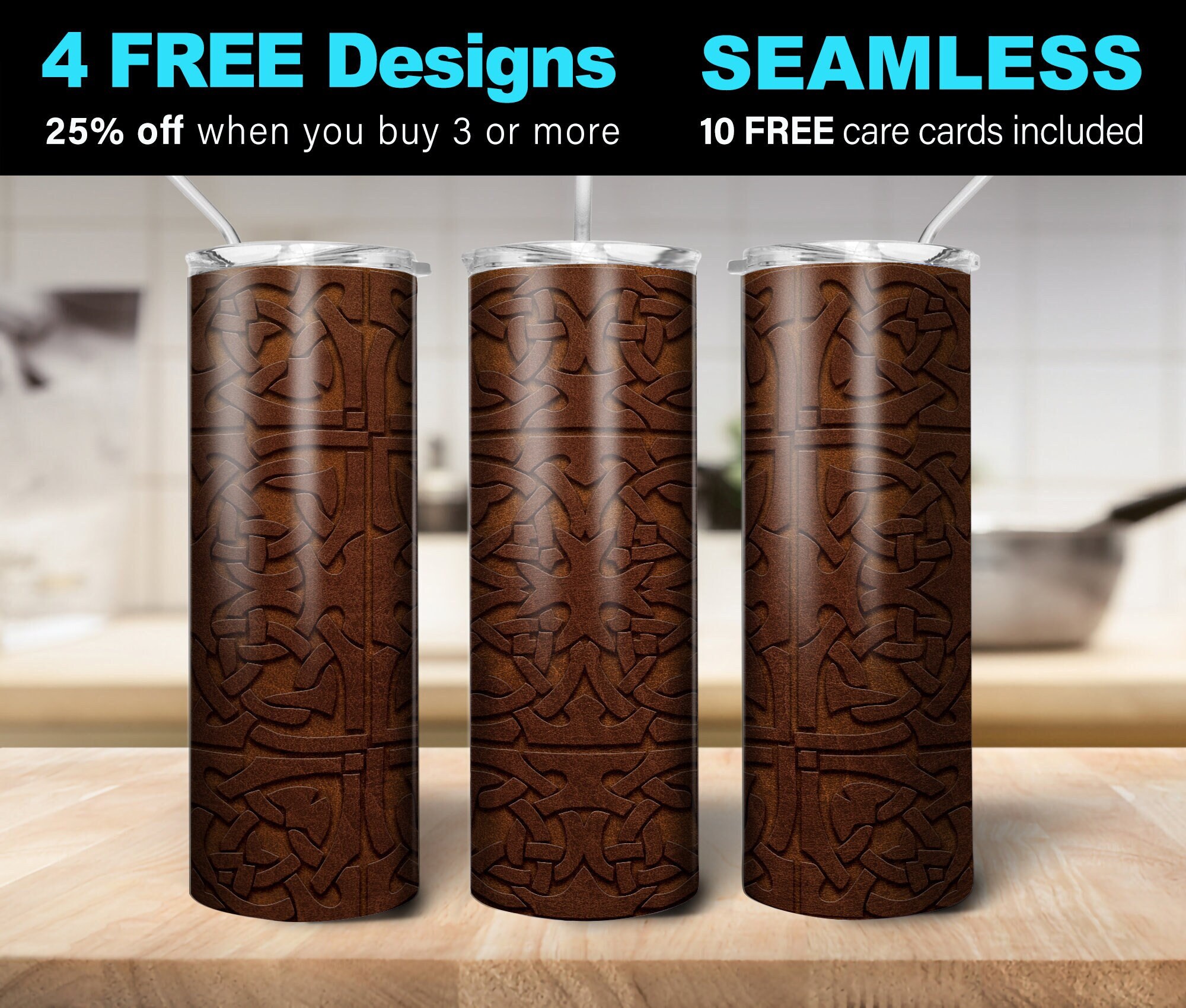 Viking Norse Pattern Carved Leather Seamless 20oz Skinny Tumbler ...