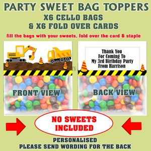 6 Personalised Construction theme Fold Over Cards & Sweet Bag Toppers Birthday party Digger Mud Dumper Truck