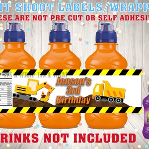 Personalised Construction Building Site fruit shoot bottle label wrapper Party Bag Fillers (no chocolate or drink is included) Digger