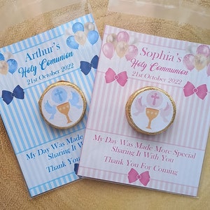 Personalised Holy Communion chocolate favours, balloons, table decoration, party bag filler Thank you gift PINK OR BLUE