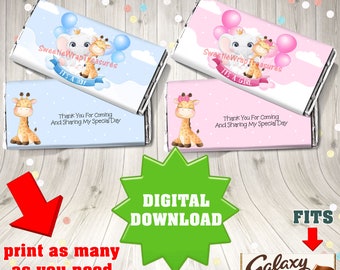 Digital Download 2 Baby Shower Chocolate Bar Wrappers Novelty Gift fits galaxy 110g cute it's a boy and it's a girl baby Elephant & Giraffe