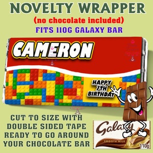 Personalised Building Bricks Chocolate Bar Wrapper Novelty Gift fits 110g galaxy party bag filler