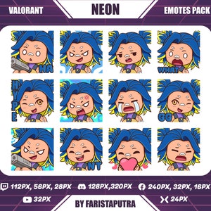 Neon Valorant Twitch Emotes, Chibi Neon Valorant Twitch Emotes, Cute Neon Twitch Emotes, Anime Emote, Discord Emoji by Faristaputra