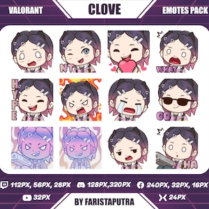 Clove Valorant Twitch Emotes, Chibi Clove Valorant Twitch Emotes, Cute Clove Twitch Emotes, Anime Emote, Discord Emoji by Faristaputra