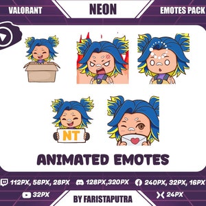 Neon Valorant Animated Twitch Emotes, Chibi Animated Neon Valorant Twitch Emotes, Cute Neon Twitch Emotes, Anime Emote, Discord Emoji