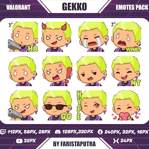 Gekko Valorant Twitch Emotes, Chibi Gekko Valorant Twitch Emotes, Cute Gekko Twitch Emotes, Anime Emote, Discord Emoji by Faristaputra