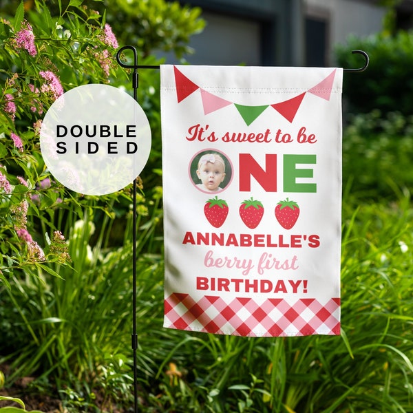 Berry First Birthday, Custom Garden Flag, Strawberry Decor, Birthday Welcome Sign, Personalized Photo Banner - Any Age