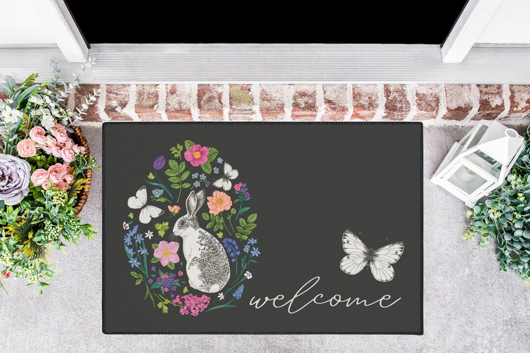 Front Door Mat, Easter Entry Rug, Outdoor Mat, Hello Spring