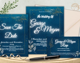 Blue & Gold Starry Night Wedding Invite Pack 3 Printable designs